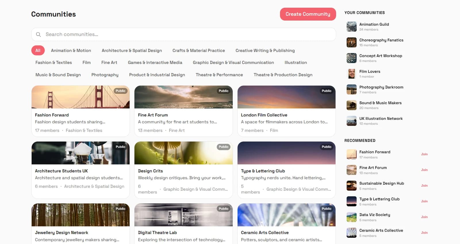 Screendm feed showing cross-discipline creative posts